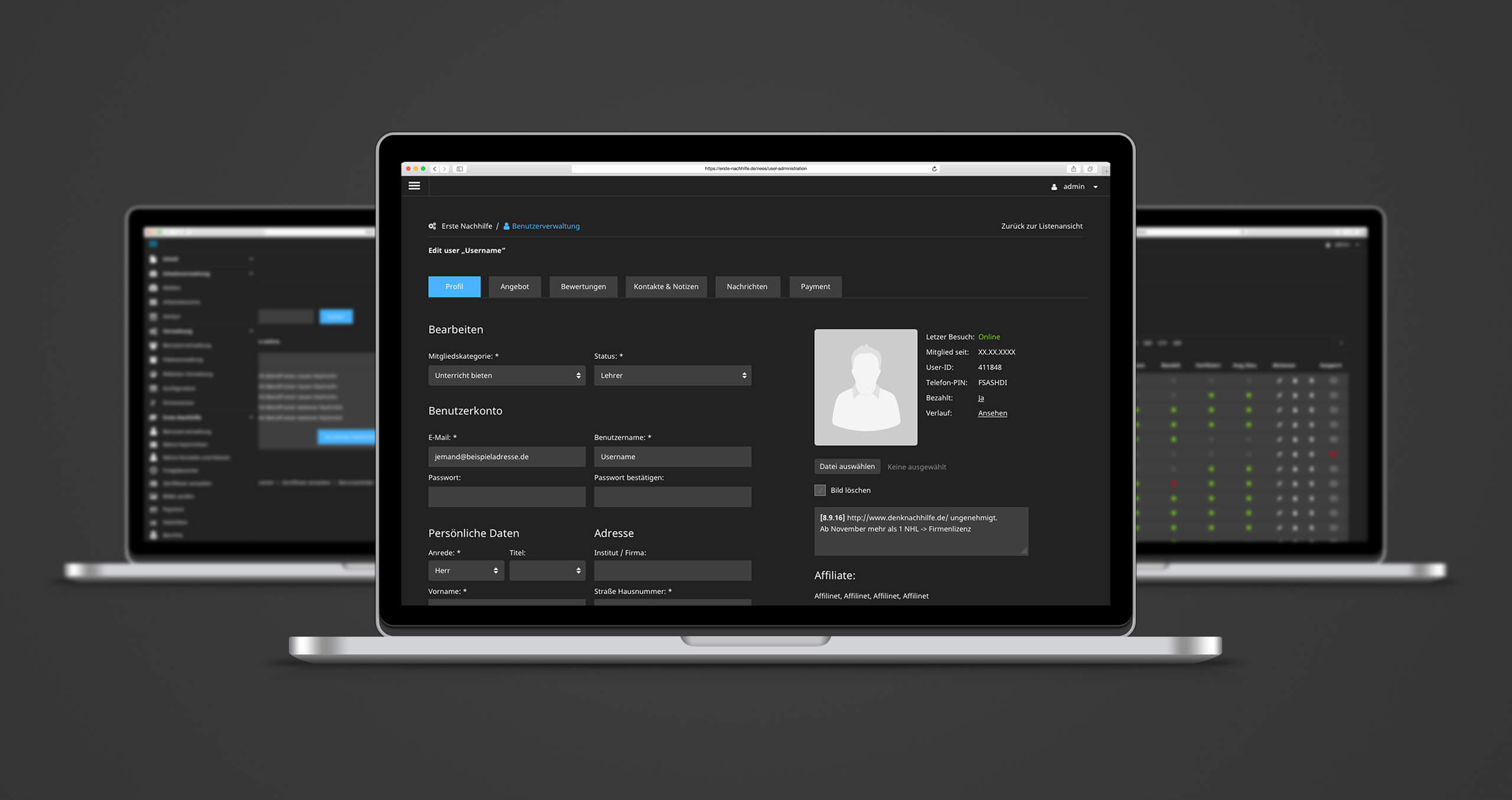 Erste Nachhilfe Übersicht Backend-Screens Desktop