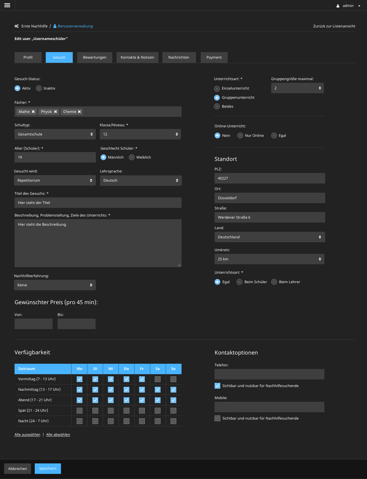 Erste Nachhilfe Admin Angebot Lehrer Desktop
