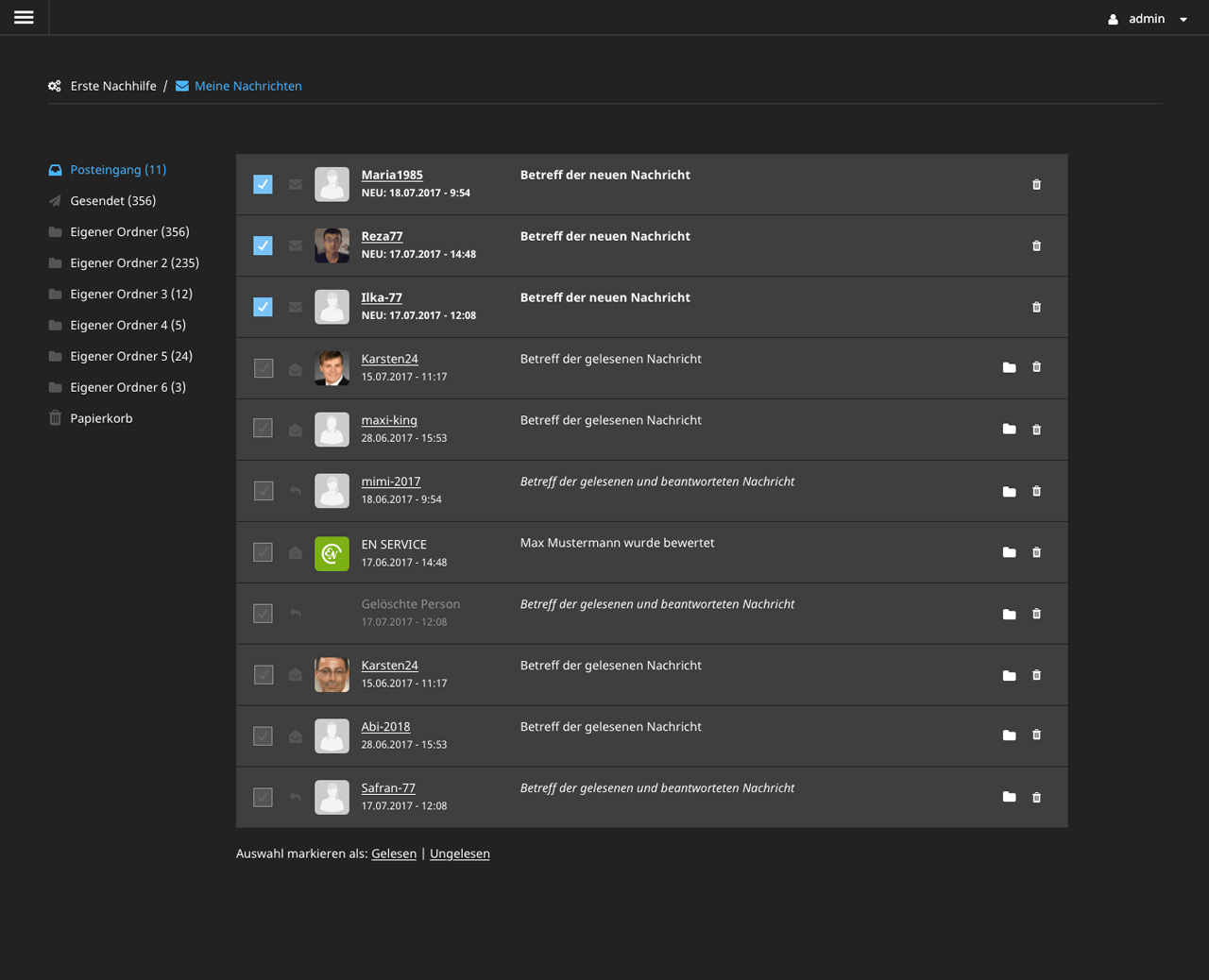 Erste Nachhilfe Backend Posteingang Admin Desktop