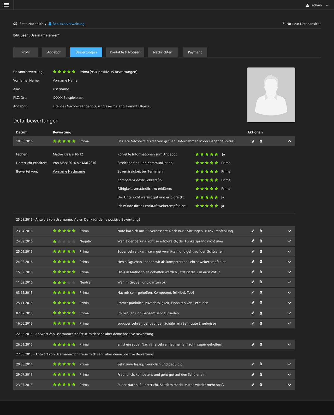 Erste Nachhilfe Admin Backend Nutzer-Bewertungen Desktop