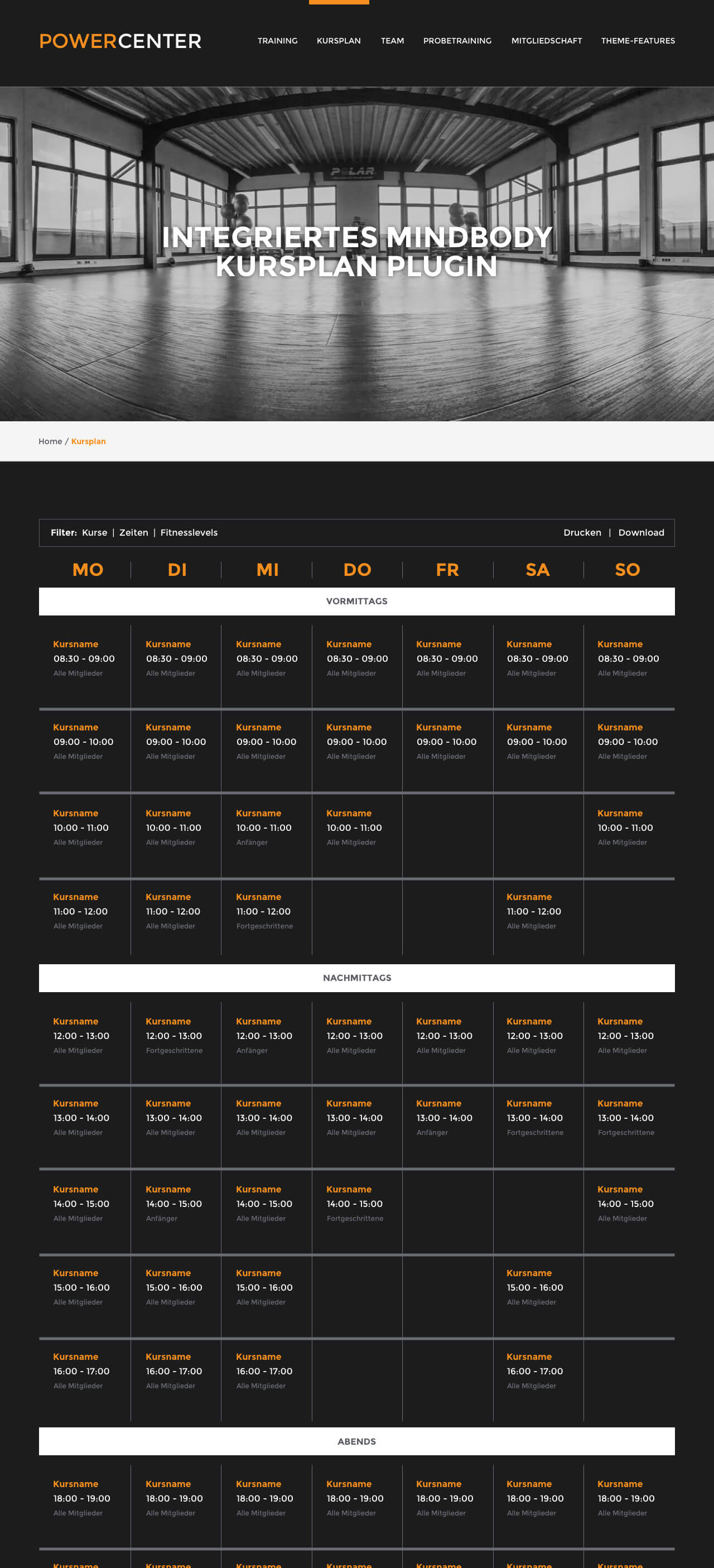 Mindbody TYPO3 Dark Theme Kursplan Desktop