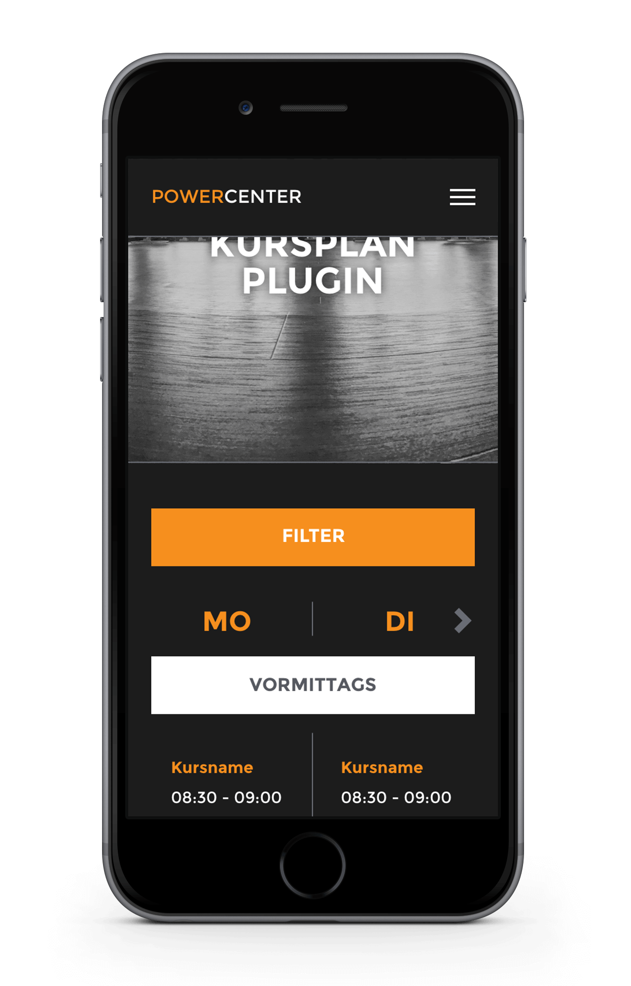 Mindbody TYPO3 Dark Theme Kursplan Mobile