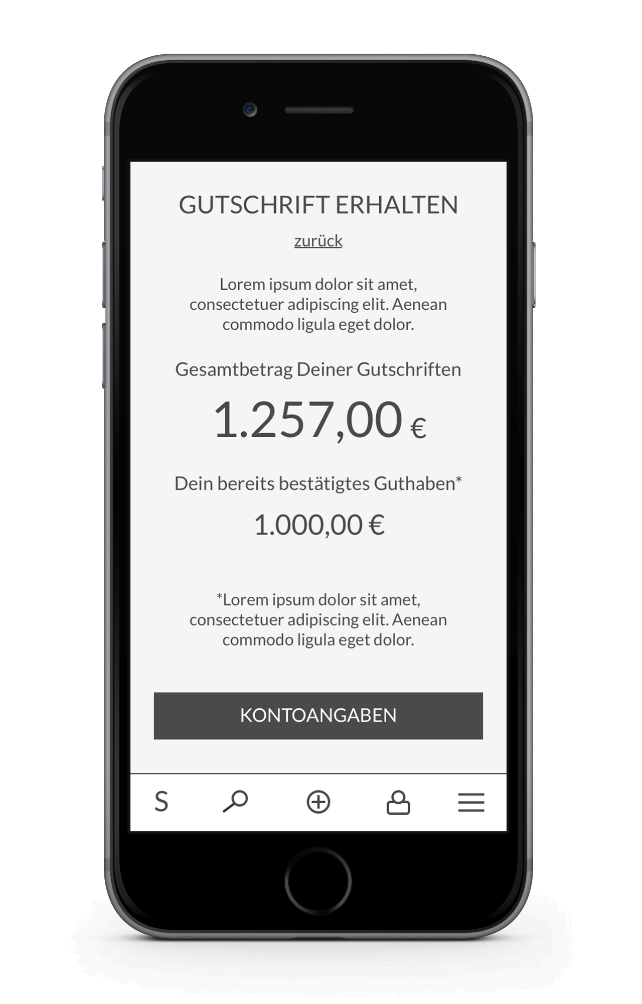Suadeo App Wireframe Kontogutschrift Nutzer Mobile