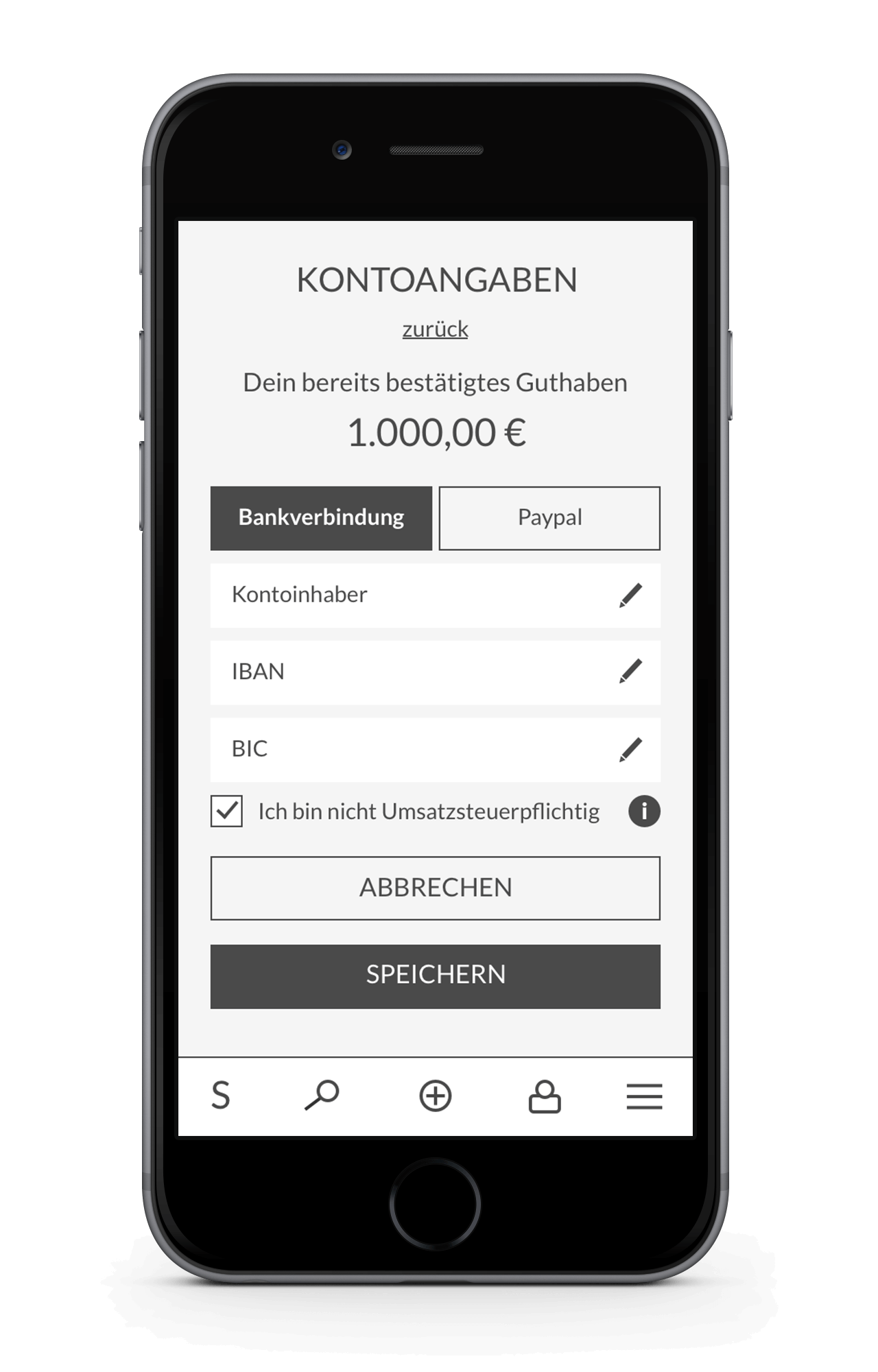 Suadeo App Wireframe Kontoangaben Nutzer Mobile
